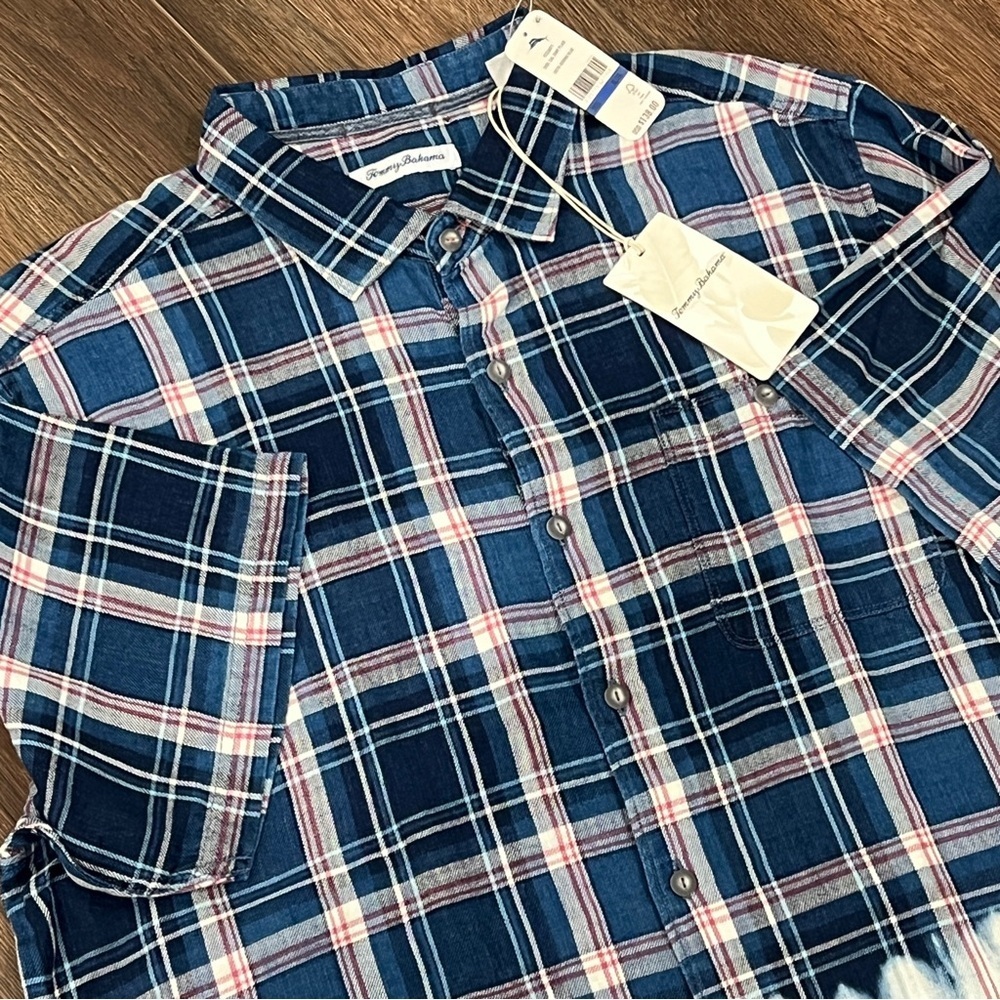 Tommy Bahama Soul Cal Surf Plaid Shirt Men's Size XL Bering Blue Check
